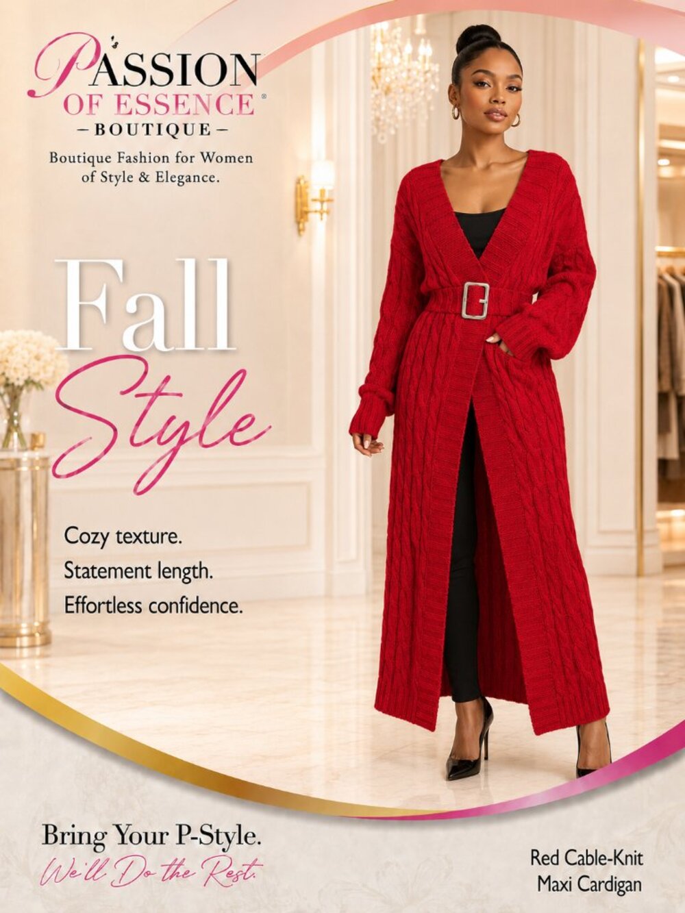 Women’s Red Cable-Knit Maxi Cardigan Open-Front Long Sweater